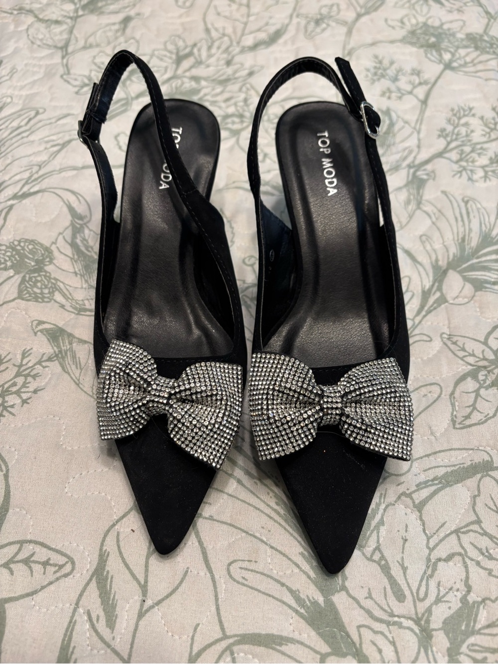 TOP Moda Black Pointed Slingback Heels with Rhinestone Bow